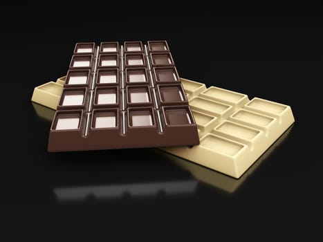 3d rendering of dark and white chocolate bars isolated on black.