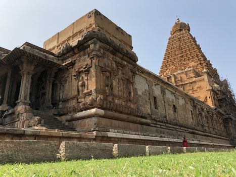 The Brihadisvara temple or Brihadeeswar temple located in Thanjavur, Tamilnadu built by Tamil King Raja Raja Chola-I between 1003 and 1010 AD. This is the Hindu temple built in Dravidian architecture style. The temple is entirely built with granite stones and the temple contains many monolithic sculptures in it. This temple is one of the `Great Living Chola Temples` and also tamil words are inscribed in the wall of the temple. This temple is dedicated to Lord shiva and it is a UNESCO World Heritage Site.