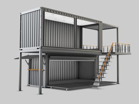 3d Illustration of Converted old shipping container into cafe, isolated gray.