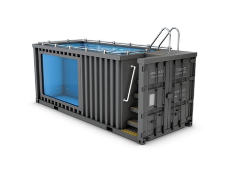 Converted old shipping container into swimming pool, isolated white 3d Illustration.