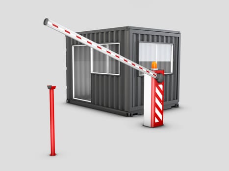 3d Illustration of Converted old shipping container into checkpoint, isolated white.
