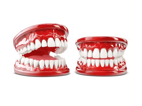 3d Illustration of human teeth, open and close mouth on white background.