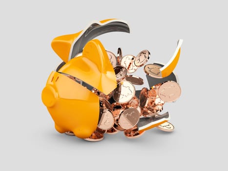 3d rendering of broken piggy bank with money.
