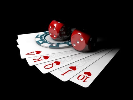 3d Illustration of big bet for playing cards on money, on a black background.
