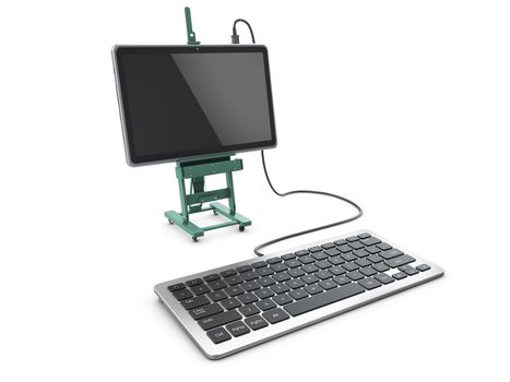 3d Illustration of keyboard and planshet on the easel, design concept.