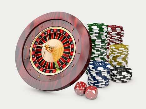 Casino chips stacks with roulette and dice. 3d Illustration on white background.