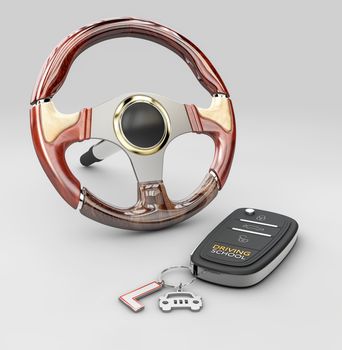 3d rendering of steering wheel with auto key, isolated on gray.