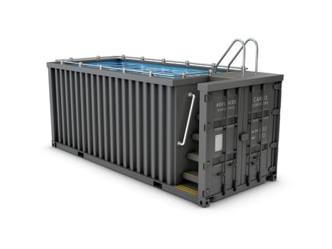 Converted old shipping container into swimming pool, isolated white 3d Illustration.