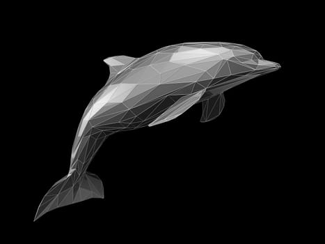 3d Illustration of polygonal dolphin on black background.
