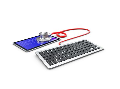 3d Illustration of Stethoscope lying with keyboard and planshet, repair concept.