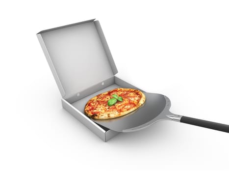 3d illustration of Pizza in a cardboard box, Pizza delivery. Pizza menu