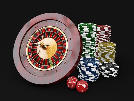 Casino chips stacks with roulette and dice. 3d Illustration on black background.