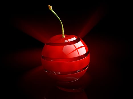3d Illustration of red cherry close up on a black Isolated