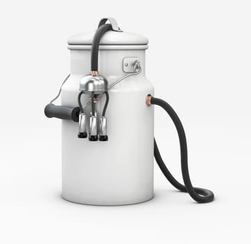3d Illustration of milk pot with milking unit on white background.