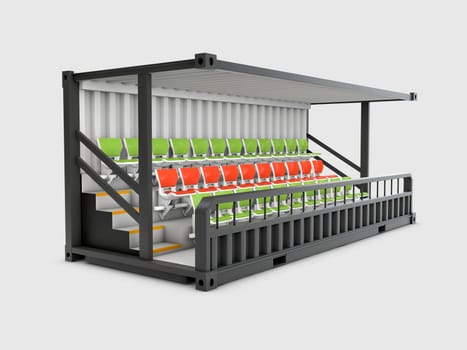 3d Illustration of Converted old shipping container into grandstand, isolated gray.