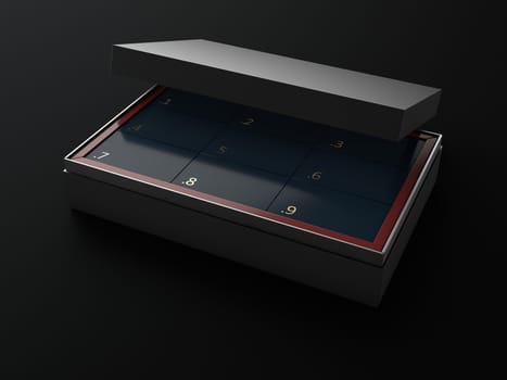 3d Illustration of blank open rectangular box with boxes inside, isolated black background.