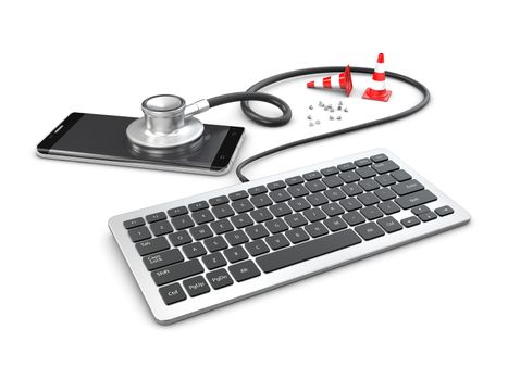 3d Illustration of smartphone and Stethoscope lying with keyboard, repair concept.