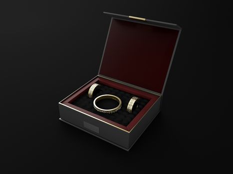 3d Illustration of Open square black gift box with ring and earrings on black background