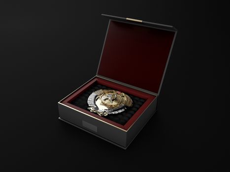 3d Illustration of Open square black gift box with gold emblem of the USSR on black background.