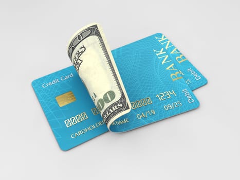 3D illustration of glossy blue credit card and dollars isolated on gray background.
