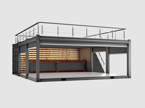 3d Illustration of Converted old shipping container into cafe, isolated gray.