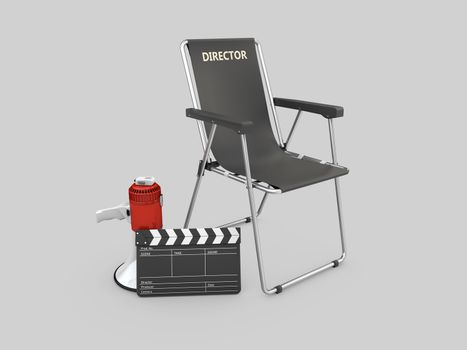 3d Illustration of movie director chair with clapperboard and megaphone.