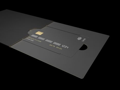 Black blank credit cards mockup isolated on black background 3d illustration.
