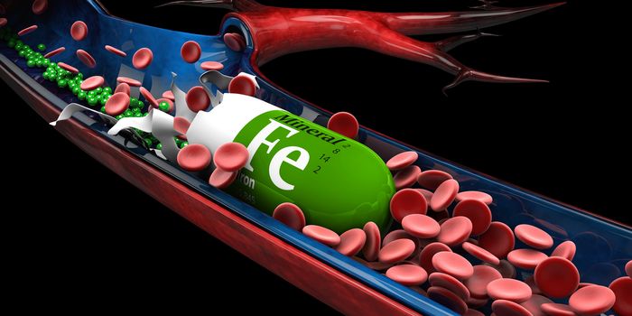 3d Illustration of Mineral Iron Capsule dissolves in the vien.