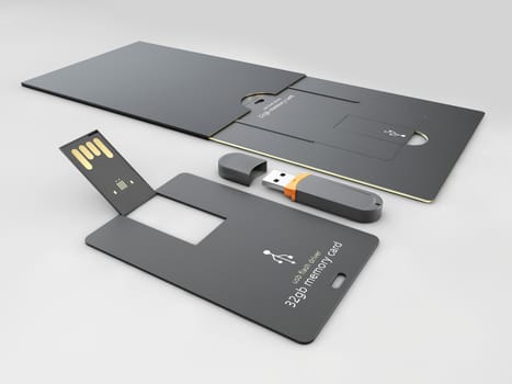 3d illustration of USB flash card empty template for corporate identity on isolated gray.