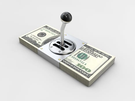 Gearshift on stack of money isolated on gray background. 3d illustration.