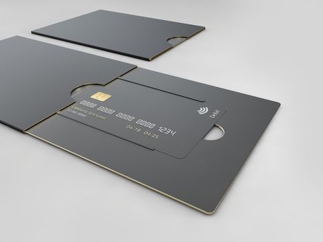 Black blank credit cards mockup isolated on gray background, 3d illustration.