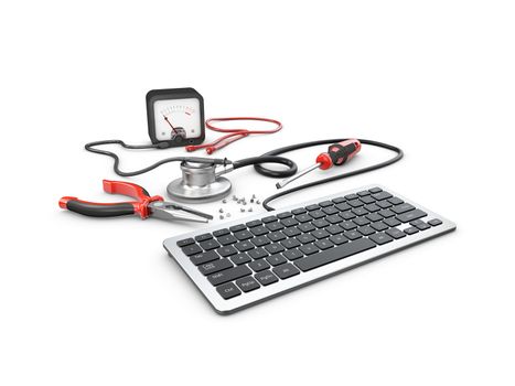 3d Illustration of Stethoscope lying with keyboard. repair concept.