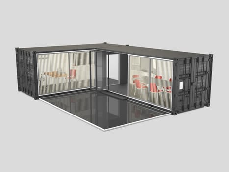3d Illustration of Converted old shipping container, isolated gray.