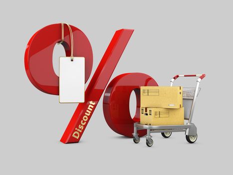3d Illustration of red percent and cart with boxes isolated on gray background.