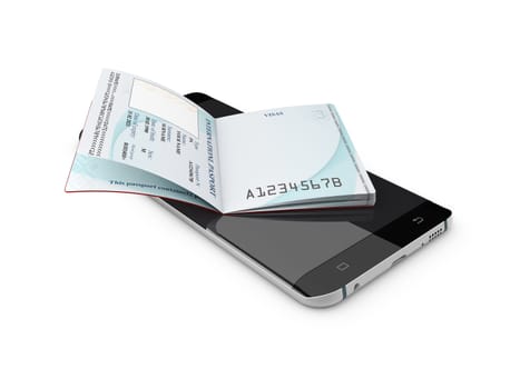 Mobile phone and Passport on white background.