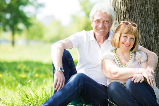 Attractive married senior couple enjoying togetherness sitting under the tree at spring meadow