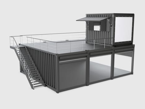 Converted old shipping container, 3d Illustration isolated gray.