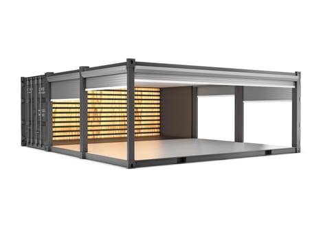 Converted old shipping container into cafe, 3d Illustration isolated gray.