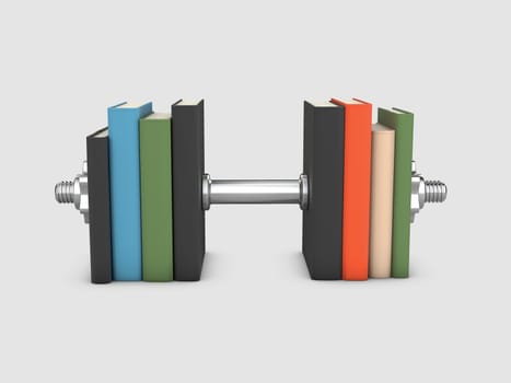 3d Illustration of dumbbell and stack of books for the concept of learning to be fit and healthy