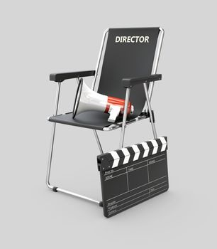 3d Illustration of movie director chair with clapperboard and megaphone.