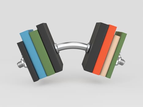 3d Illustration of dumbbell and stack of books for the concept of learning to be fit and healthy