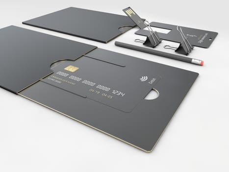 3d illustration of USB flash card empty template for corporate identity on isolated gray.