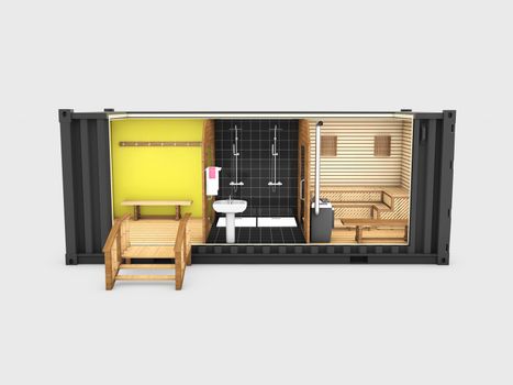 Converted old shipping container into sauna, 3d Illustration isolated gray.