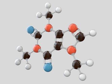 3d Illustration of Caffeine molecular model isolated grey background.