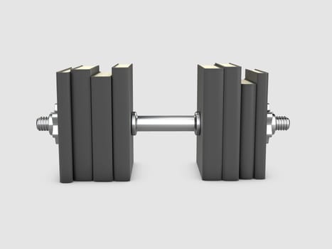 3d Illustration of dumbbell and stack of books for the concept of learning to be fit and healthy