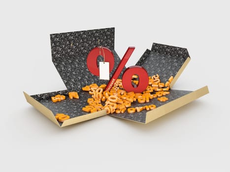 3d Illustration of Open cardboard box with percent sign on white background.