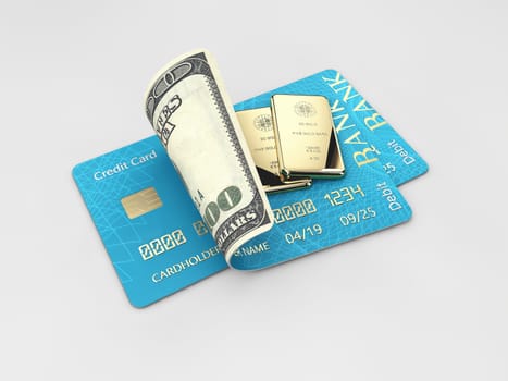 3D illustration of glossy blue credit card and gold bar isolated on gray background.