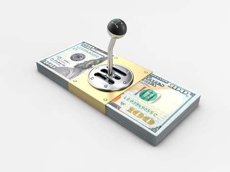 Gearshift on stack of money isolated on gray background. 3d illustration.