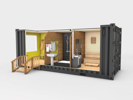 Converted old shipping container into sauna, 3d Illustration isolated gray.