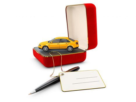 3d Illustration of red jewelry box with car isolated on white.